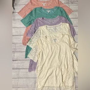 5 Issac Mizrahi Live tops NWOT! Large. Pink, purple, aqua, 2 off-white. Lace